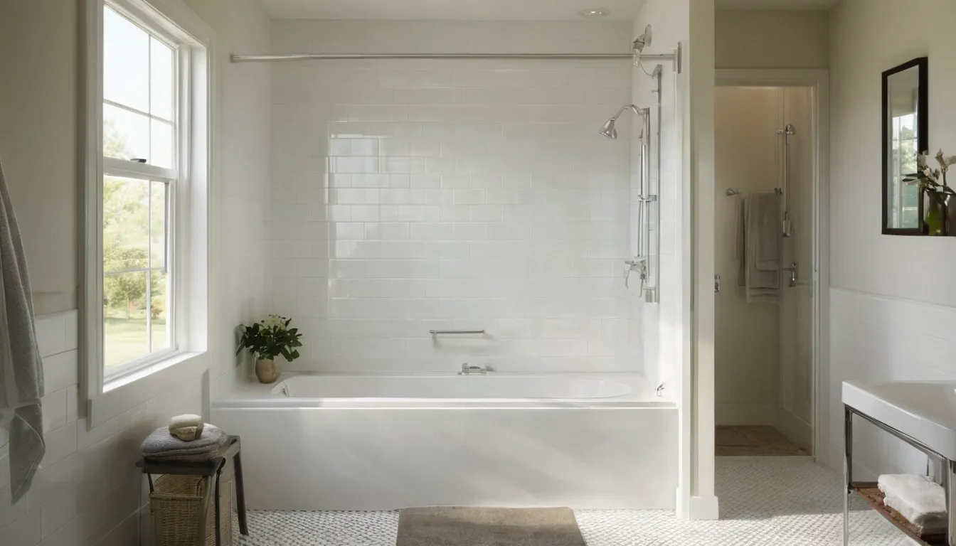 Smiling older homeowner looking over a walk-in tub with a friendly provider in a bright Skokie bathroom